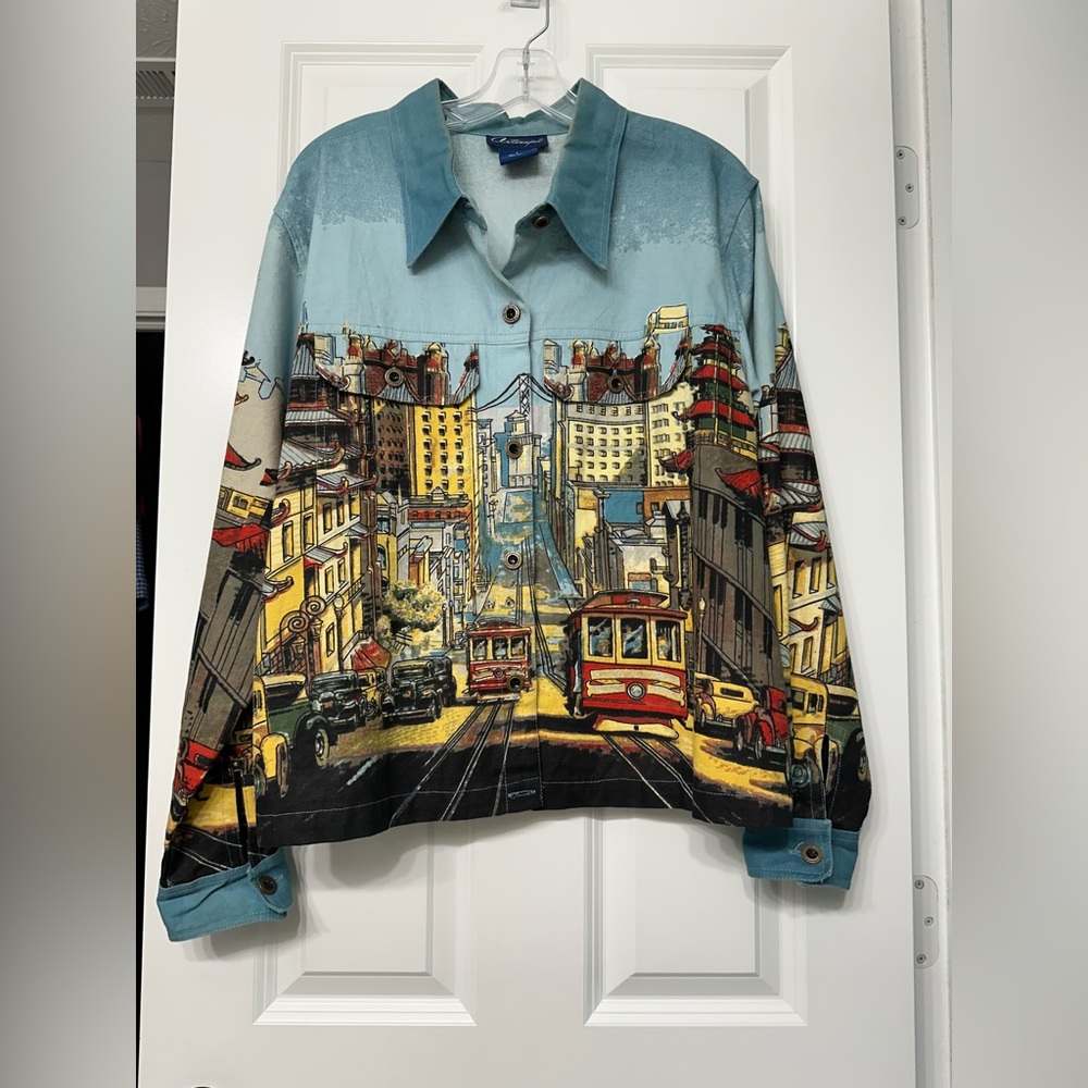 Blue and Yellow Jean Jacket with Cityscape Design